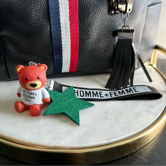 Faux Leather Black Convertible Backpack Bear Charm Work Travel Bag Overnight - Picture 6 of 11